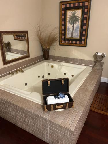 a bath tub with a suitcase sitting inside of it at Colts Neck Inn Hotel in Colts Neck