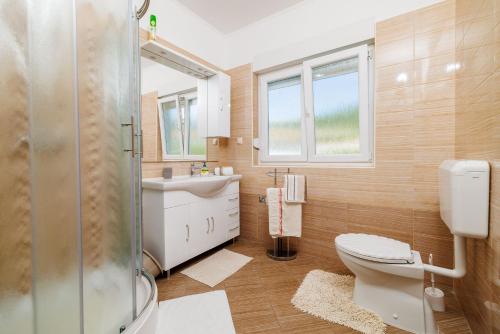 a bathroom with a toilet and a sink and a shower at Apartments and Room Petar in Banjol