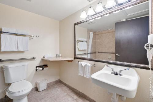 a bathroom with a toilet and a sink and a mirror at Hotel Americana in Nogales