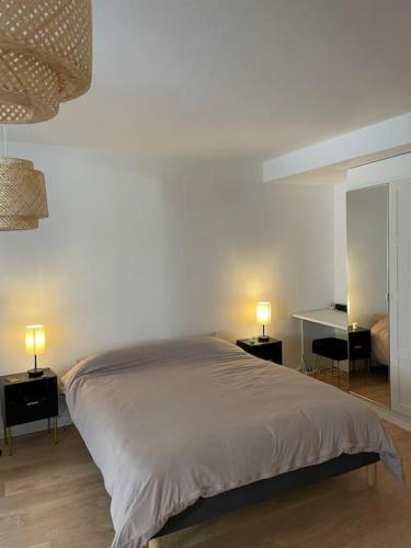 um quarto com uma cama e duas mesas e dois candeeiros em Belle des champs - Loft avec spa em Labruguière