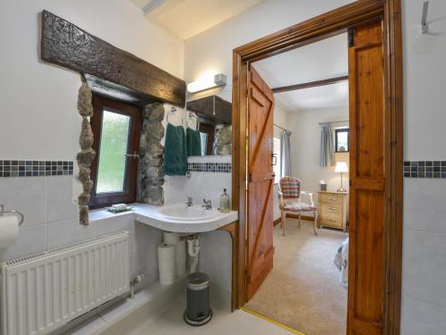 a bathroom with a sink and a mirror at Buster Barn in Sampford Spiney