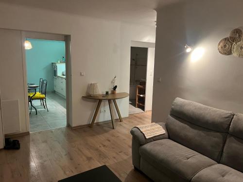 un salon avec un canapé et une table dans l'établissement Appartement privatif avec extérieur, à Aubignan