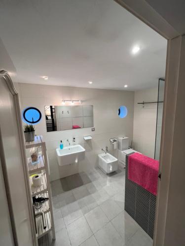 uma casa de banho com um lavatório e 2 WC em Fantástica Casa Barco em Pechón