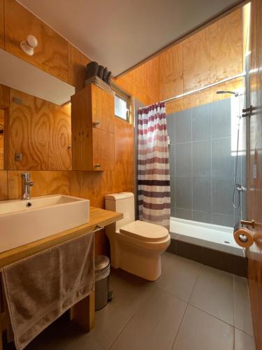 uma casa de banho com um lavatório, um WC e um chuveiro em La Ritoqueña Hotel de Playa em Concón
