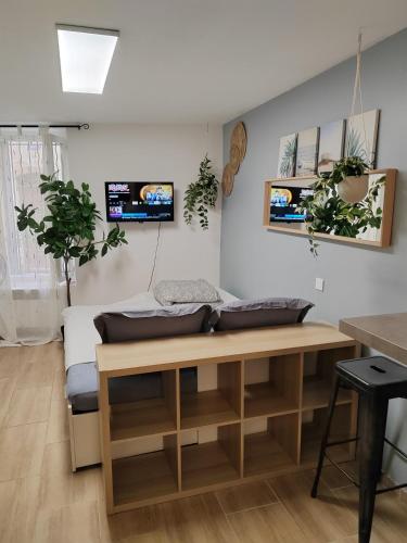 un salon avec une table et un canapé dans l'établissement CASA MIA 25m2 centre ville et panier, à Marseille