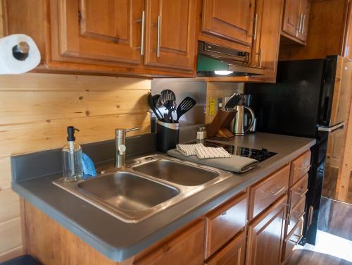 a kitchen with a stainless steel sink and wooden cabinets at Sierra Meadows in Ahwahnee