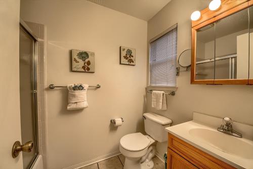 een badkamer met een toilet, een wastafel en een spiegel bij CRC 317 Timeless Tranquility in New Braunfels