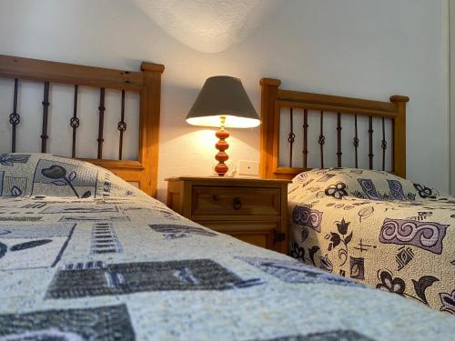 a bedroom with two beds and a lamp on a night stand at Hotel Maria Luisa in Huajuapan de León