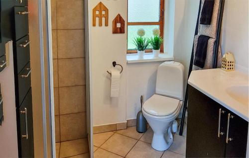 La salle de bains est pourvue de toilettes, d'un lavabo et d'une fenêtre. dans l'établissement Hygind, à Ejby