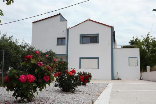 a white house with red roses in front of it at Newly Built Villa, Chora Pythagoreio in Pythagoreio