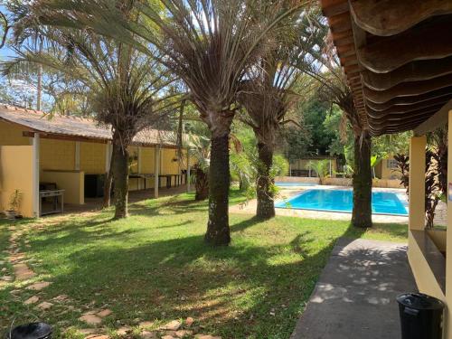 een groep palmbomen naast een zwembad bij Chácara Ben te vi in Ribeirão Preto