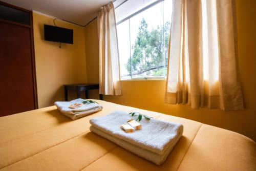 チバイにあるLa Posada de Luceroのベッドルーム1室(窓のあるベッド1台にタオル2枚付)