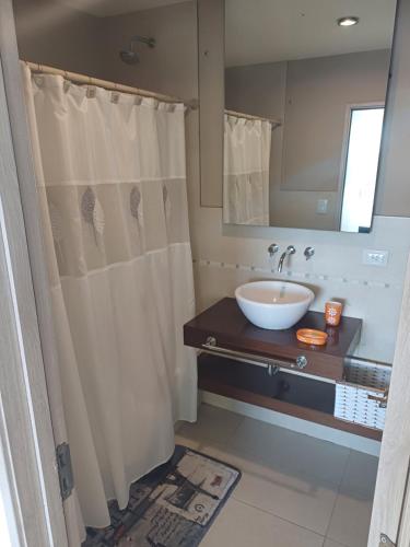 a bathroom with a sink and a white shower curtain at Apart , DEPARTAMENTO CONDOMINIO BAHIA GRANDE NORDELTA, TIGRE , BALCÓN Y VISTA A LA Bahia in Buenos Aires