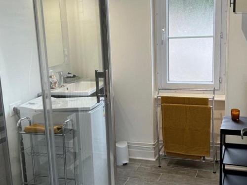 y baño con lavabo y espejo. en Appartement Moulins, 2 pièces, 2 personnes - FR-1-489-398, en Moulins