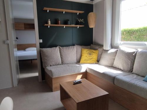 un salon avec un canapé et une table basse dans l'établissement Chalet de Luxe au Calme avec Piscines Chauffées, Clim et Prestations Haut de Gamme - FR-1-778-24, à Saint-Georges-dʼOléron