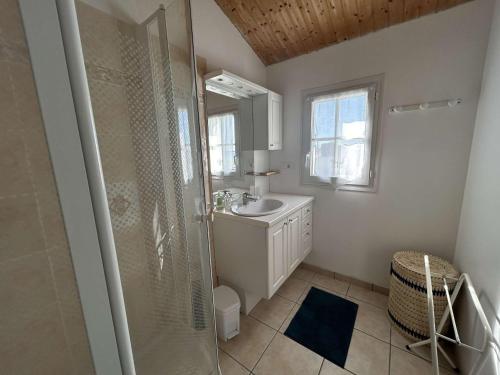 un bagno con doccia e lavandino di Maison de 5 pièces avec jardin clos et vue sur mer à l'Herbaudière - FR-1-224B-223 a Noirmoutier-en-l'lle