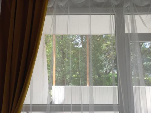 an open window with white curtains and trees at Small Studió Apartman in Pécs