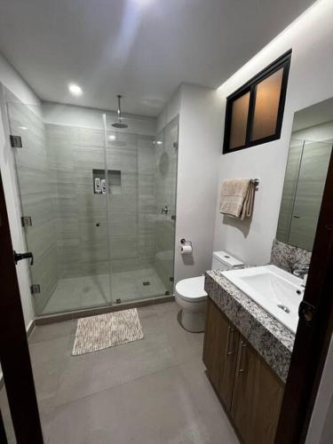 a bathroom with a shower and a toilet and a sink at Solum Luxury Condos in Tulum