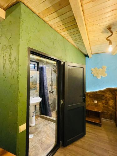 a bathroom with a green wall and a sink at Vardzia - Tsotne's kingdom in Vardzia