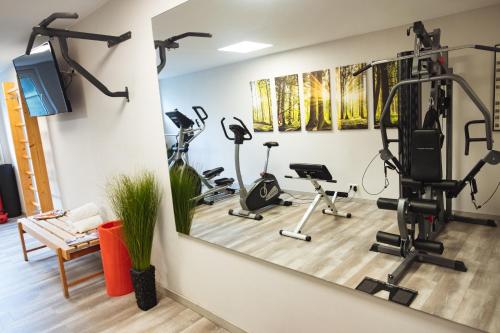 a fitness room with treadmills and exercise bikes at Parkhotel Diani in Leipzig