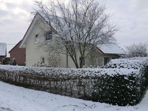 a snow covered hedge in front of a house at Schwalbennest Comfortable holiday residence in Perrich