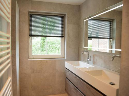 a bathroom with a sink and a mirror and a window at Huijsmansverhuur Type Premium de Mosselbank 115 in Ouddorp