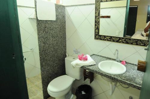 uma casa de banho com um WC, um lavatório e um espelho. em Pousada Fazenda Santa Fe em Bezerros