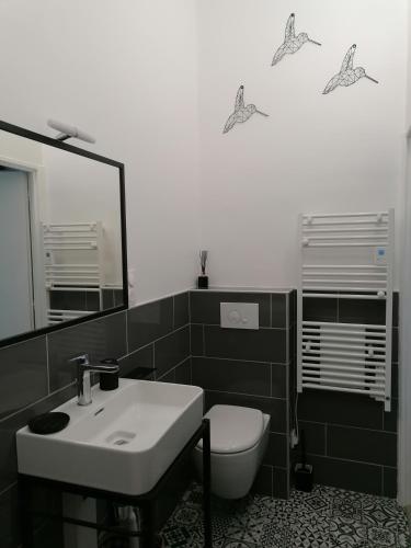 une salle de bain avec un lavabo, des toilettes et un miroir dans l'établissement Chambres d'hôtes les 2 tilleuls, à Figeac