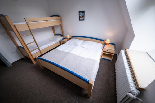 a small bedroom with two bunk beds and a ladder at IT Centrum Apartments in Vrchlabí