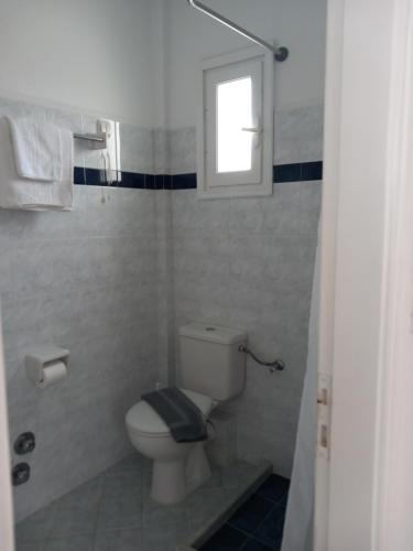 a small bathroom with a toilet and a window at Elpidas studios in Agia Anna Naxos