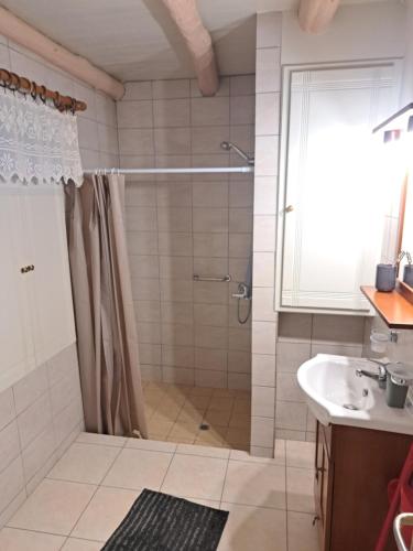 a bathroom with a shower and a sink at Traditional Stone House-Ideal for families in Olympia