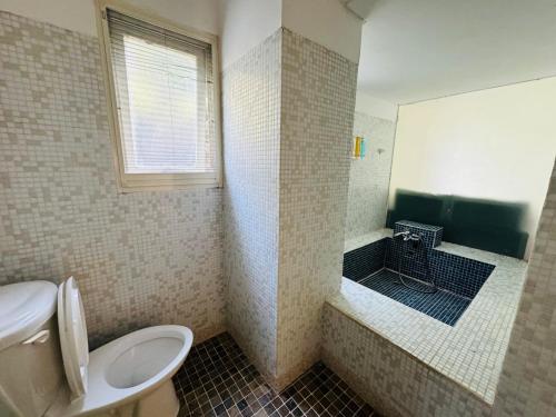a bathroom with a toilet and a walk in shower at 藍屋頂民宿Blue Dome in Puli