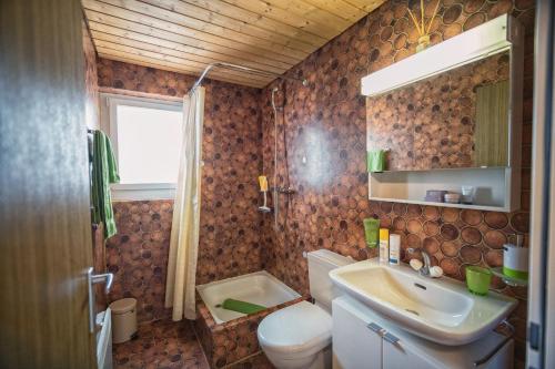 ein Badezimmer mit einem WC, einem Waschbecken und einem Spiegel in der Unterkunft Chasa Gisep in Scuol