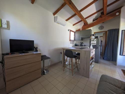Cette chambre comprend une cuisine avec un bureau et une télévision. dans l'établissement Petite Maison terrasse privée St Martin d'Ardèche, à Saint-Martin-dʼArdèche