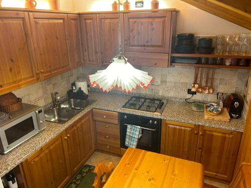 a kitchen with a light hanging over a stove at Mountain Adventure Flat in Pieve di Cadore
