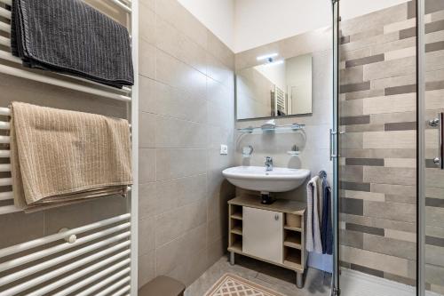 a small bathroom with a sink and a shower at Casa Maria Lake View in Brenzone sul Garda