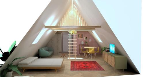 una sala de estar con un loft con una escalera en B&B Suupmarkt, en Dokkum