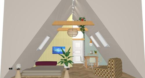 een woonkamer met een kamer met een puntig plafond bij B&B Suupmarkt in Dokkum