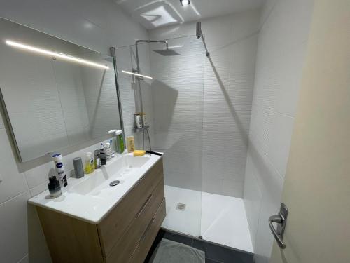une salle de bain blanche avec un lavabo et une douche dans l'établissement Appartement T3 Equipé de 75 m2 en Centre Ville, à Aurillac