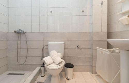 a bathroom with a shower and a toilet and a sink at Dora's Apartments in Laganas