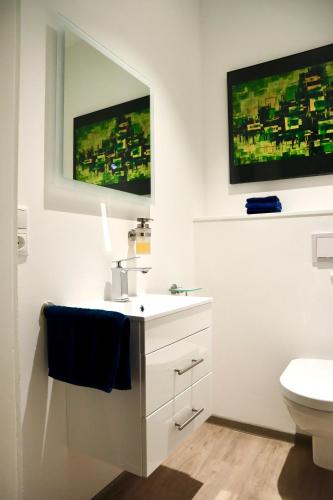 a bathroom with a sink and a toilet at Historisches Altes Gutshaus in Breetz am Fluss in Breetz