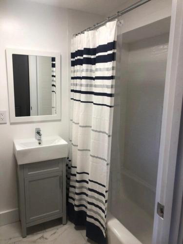 a bathroom with a sink and a shower curtain at Villa Perlman in Southampton
