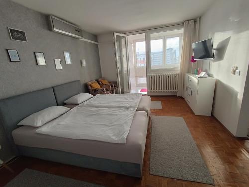 a bedroom with a bed and a television in it at Aura apartman Sarajevo in Sarajevo