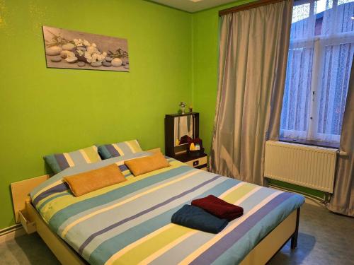 a bedroom with a large bed with green walls at Simpele slaapkamer Geraardsbergen in Geraardsbergen