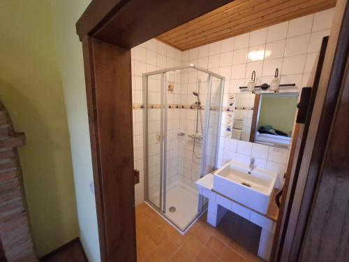 a bathroom with a shower and a sink at Machlandgasthof Wahl in Ruprechtshofen