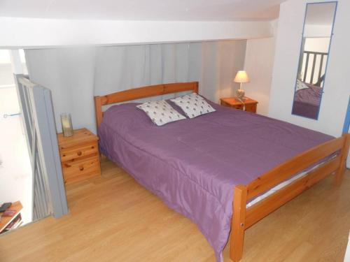 une chambre avec un lit avec une couette violette dans l'établissement STUDIO MEZ 25M2 + TERRASSE 6m2 REF 4014, à Le Castellas