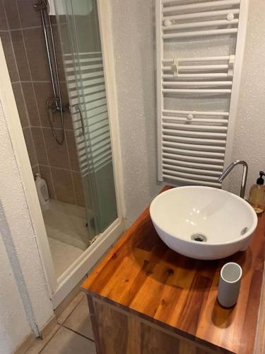 une salle de bain avec un lavabo blanc et une douche dans l'établissement Charmante maison à la montagne, à Belcaire