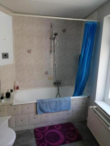 baño con bañera y ducha con cortina azul en Eenvoudige slaapkamer Geraardsbergen, en Geraardsbergen