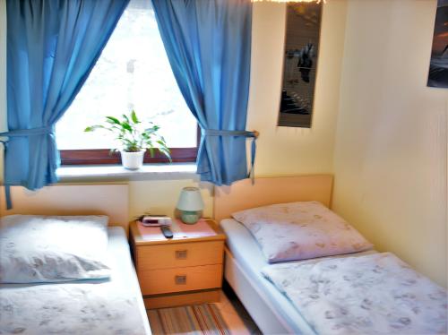 um quarto com 2 camas e uma janela com cortinas azuis em 2 bedrooms apartement with shared pool garden and wifi at Obernaundorf 7 km away from the beach em Obernaundorf