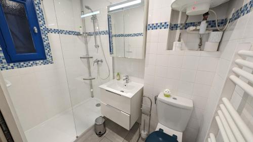 une salle de bain avec une douche, des toilettes et un lavabo dans l'établissement Magnifique T2 - Santa Cruz 62, à Canet